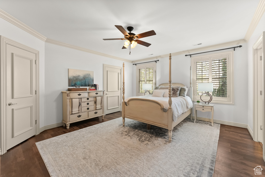 Bedroom with crown molding, dark hardwood / wood-style floors, ceiling fan, and multiple windows