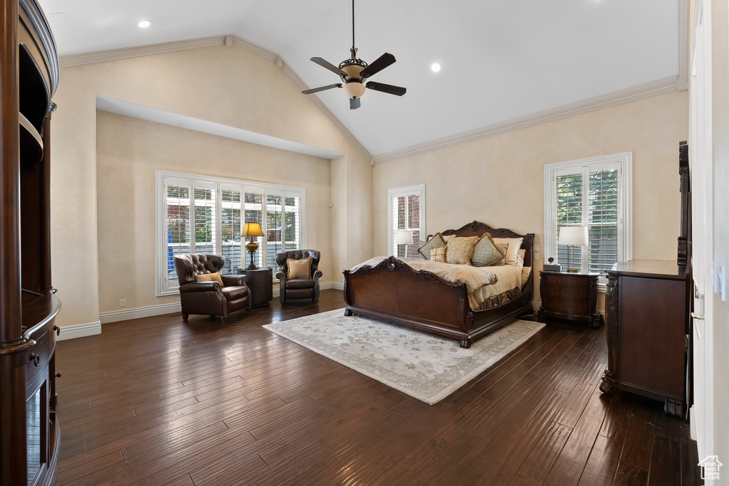Bedroom featuring ornamental molding, ceiling fan, high vaulted ceiling, and dark wood-type flooring