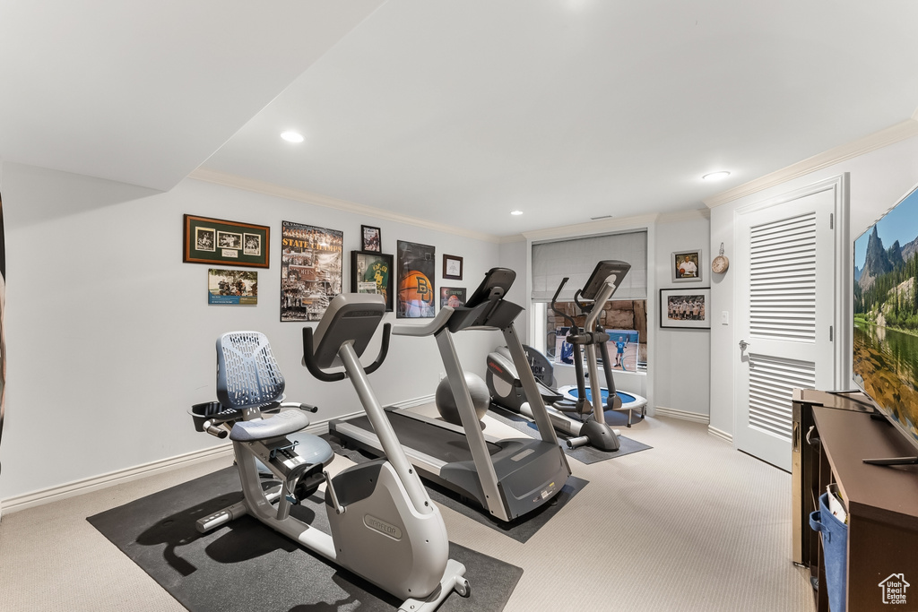 Workout room featuring crown molding and light carpet