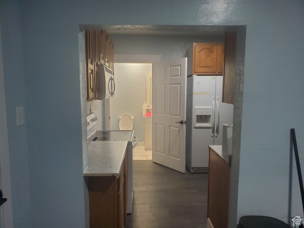 Kitchen with white appliances and dark hardwood / wood-style flooring