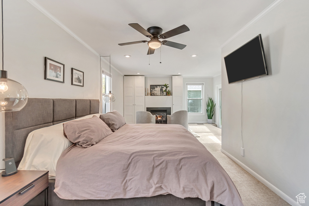 Carpeted bedroom featuring crown molding, ceiling fan, and multiple windows