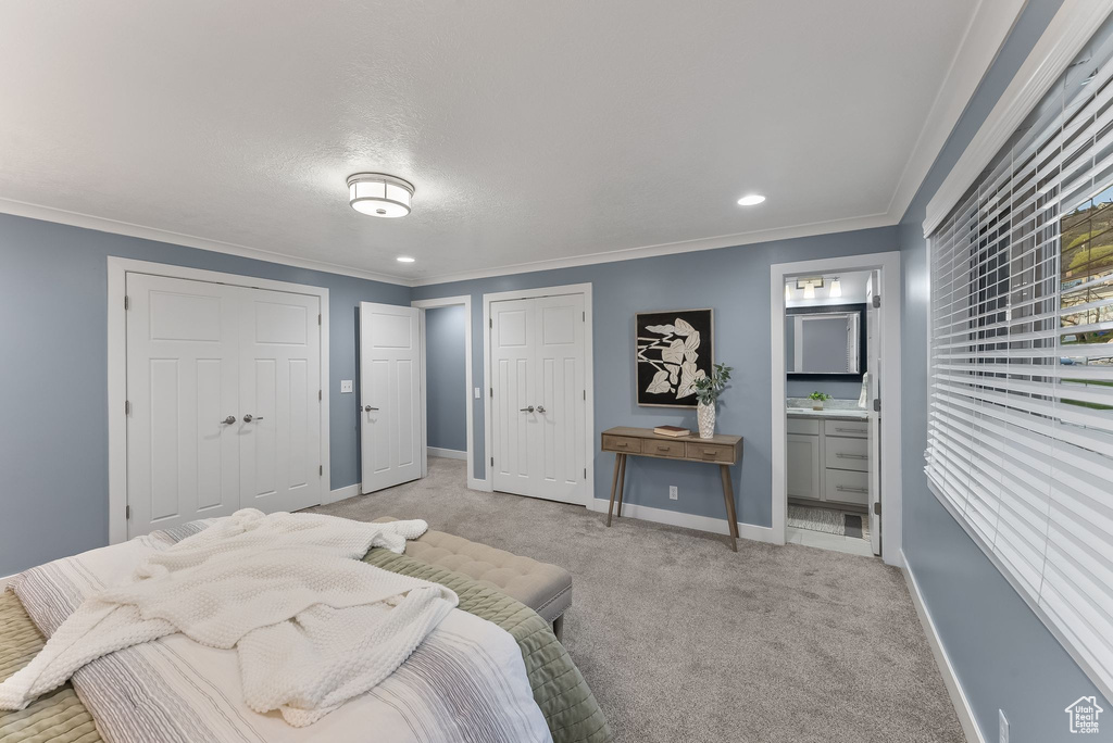 Bedroom with light colored carpet, crown molding, and ensuite bathroom