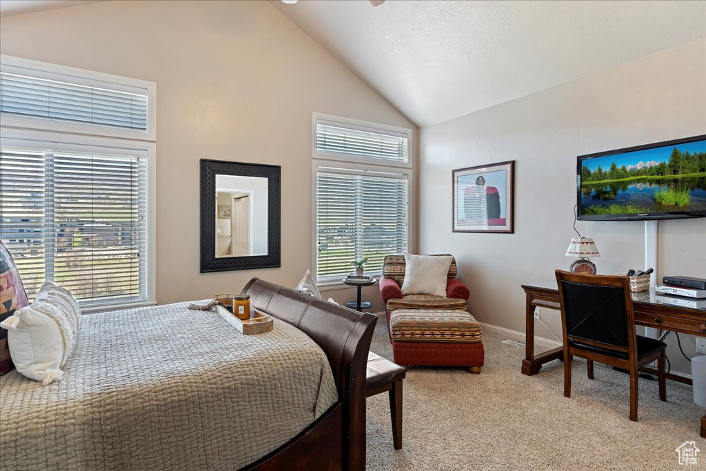 Carpeted bedroom with high vaulted ceiling and multiple windows
