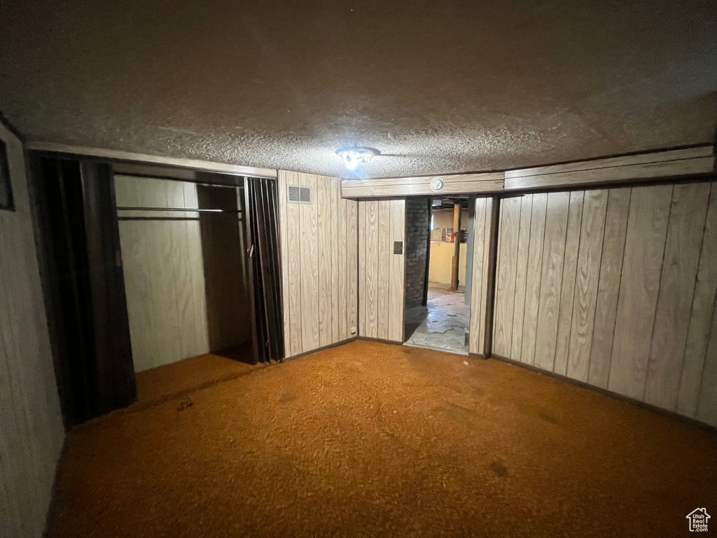 Basement with a textured ceiling, wood walls, and light carpet
