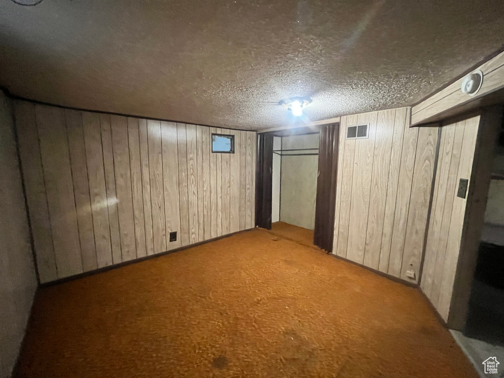 Basement with wood walls, carpet, and a textured ceiling