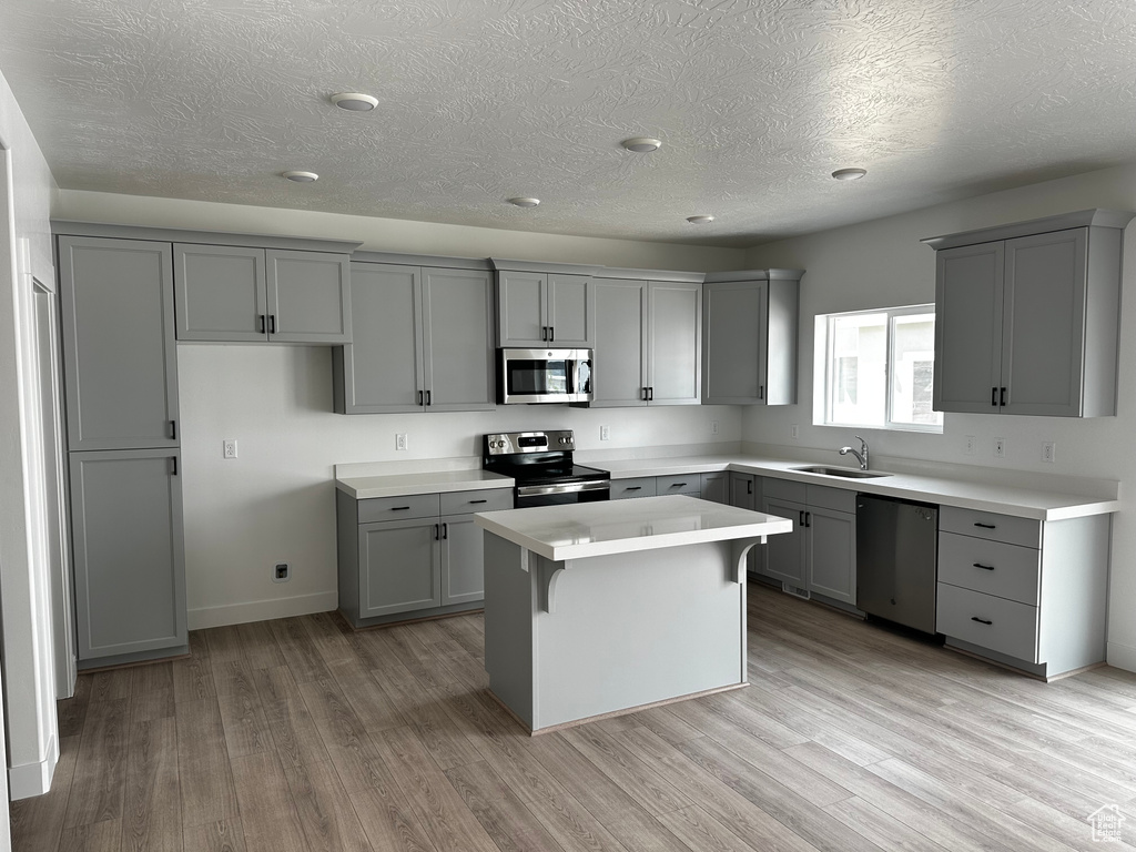 Kitchen featuring appliances with stainless steel finishes, a center island, sink, light hardwood / wood-style floors, and gray cabinets