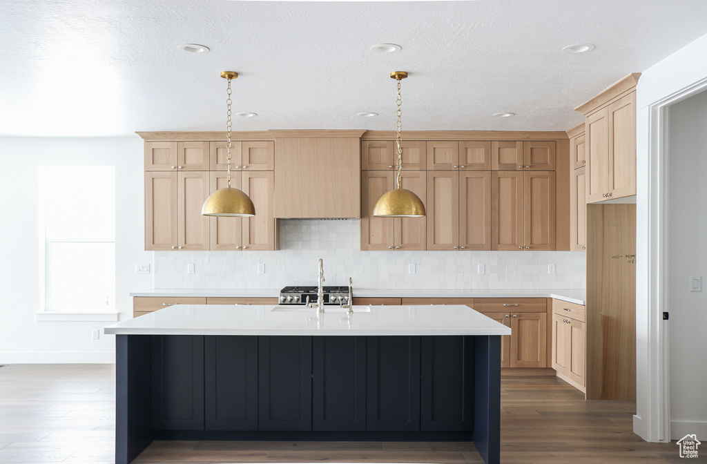 Kitchen featuring decorative light fixtures, wood-type flooring, an island with sink, and tasteful backsplash