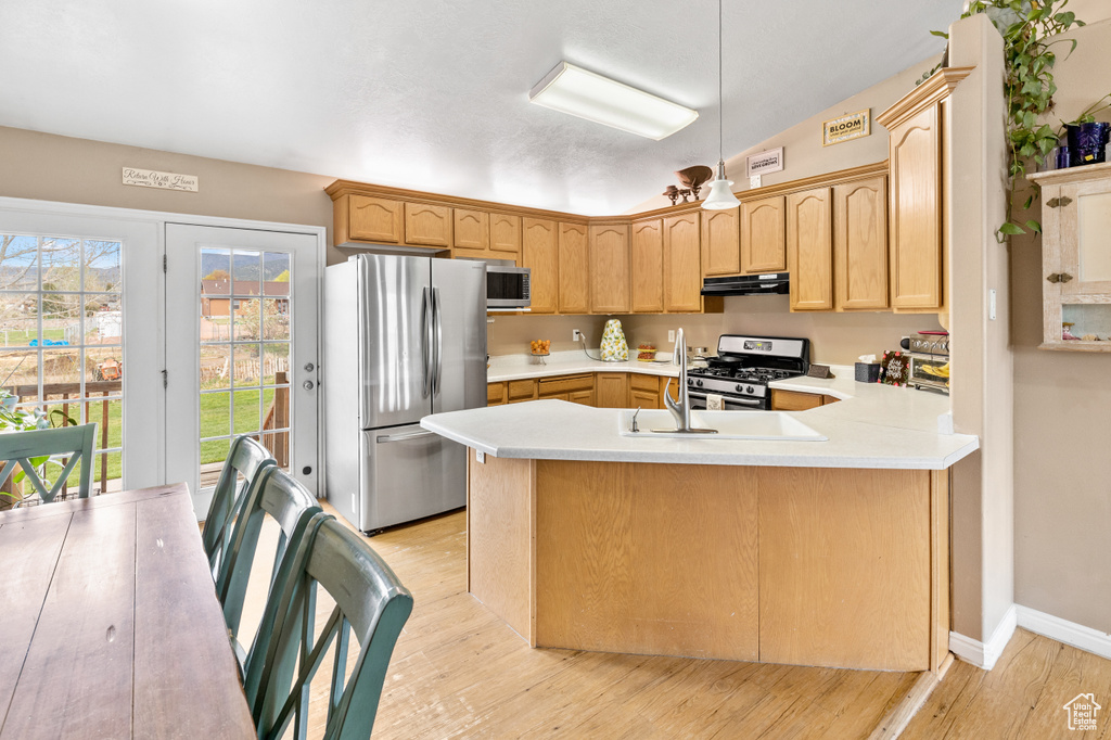 Kitchen with kitchen peninsula, stainless steel appliances, light hardwood / wood-style floors, and extractor fan