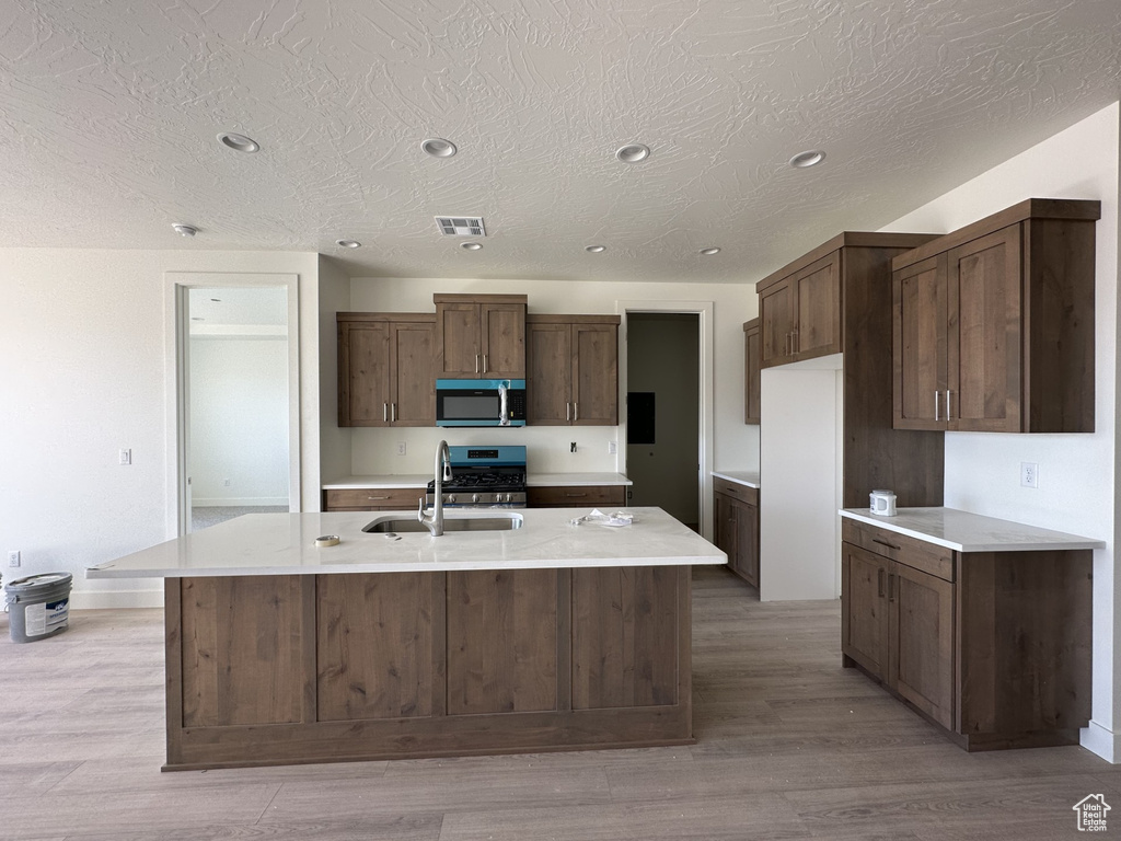 Kitchen with sink, stainless steel appliances, light hardwood / wood-style flooring, and an island with sink