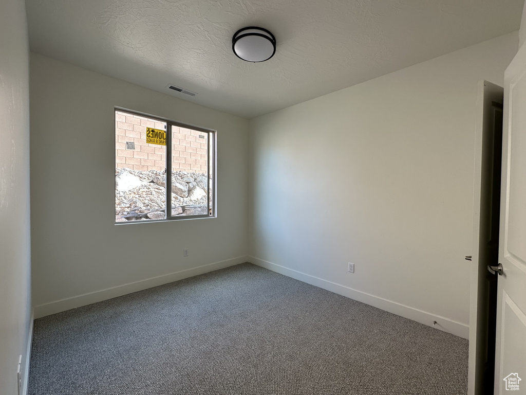 Unfurnished room featuring a textured ceiling and carpet floors