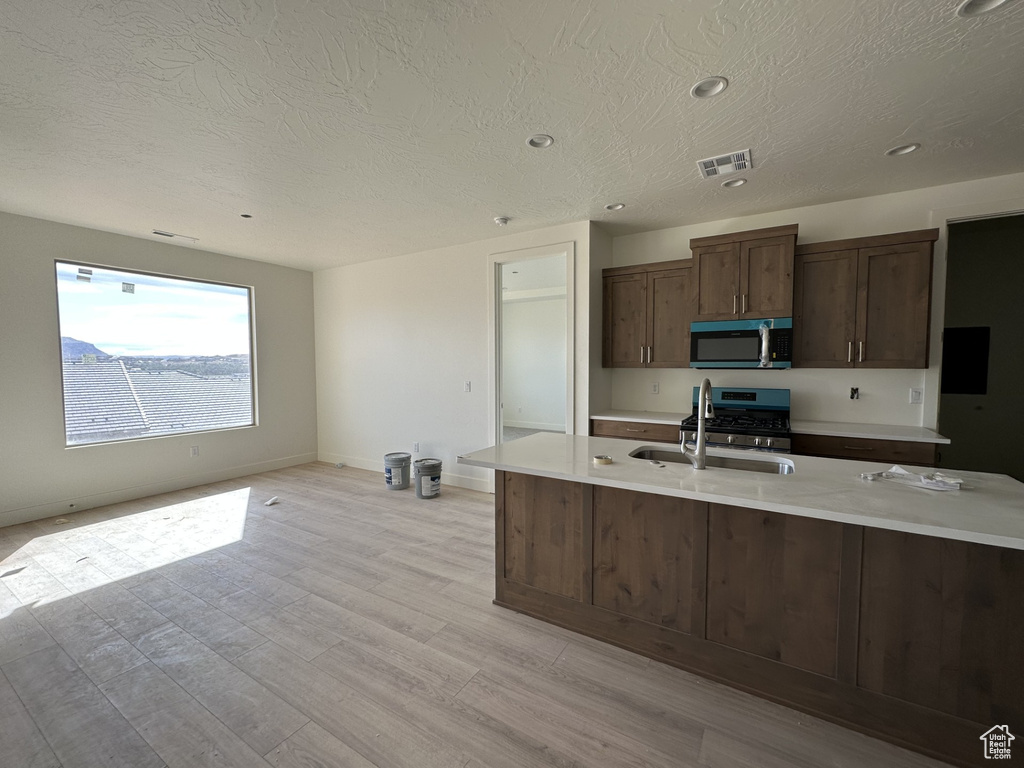 Kitchen featuring appliances with stainless steel finishes, a textured ceiling, light wood-type flooring, dark brown cabinetry, and sink