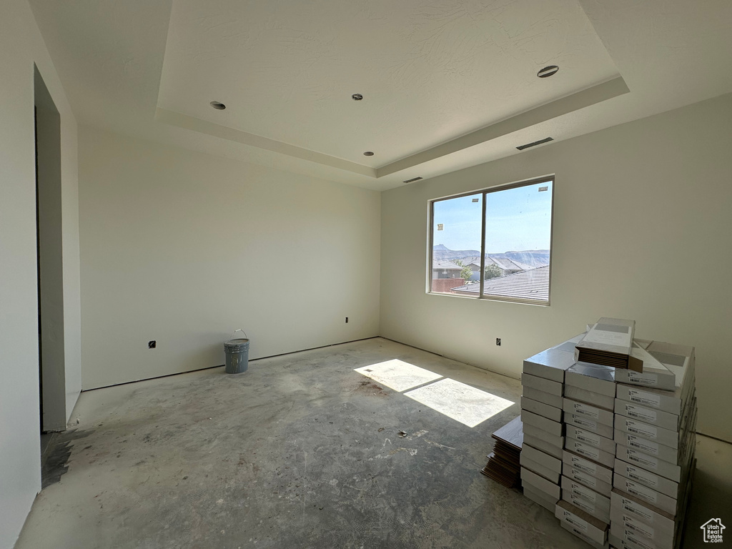 Empty room featuring a raised ceiling