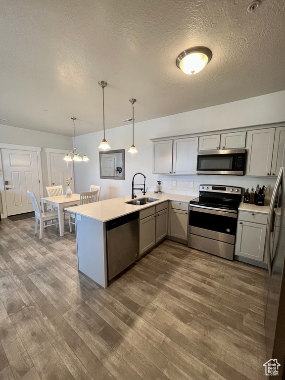 Kitchen featuring appliances with stainless steel finishes, sink, gray cabinetry, hardwood / wood-style flooring, and pendant lighting