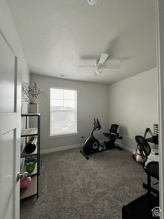 Workout area with carpet, ceiling fan, and a textured ceiling