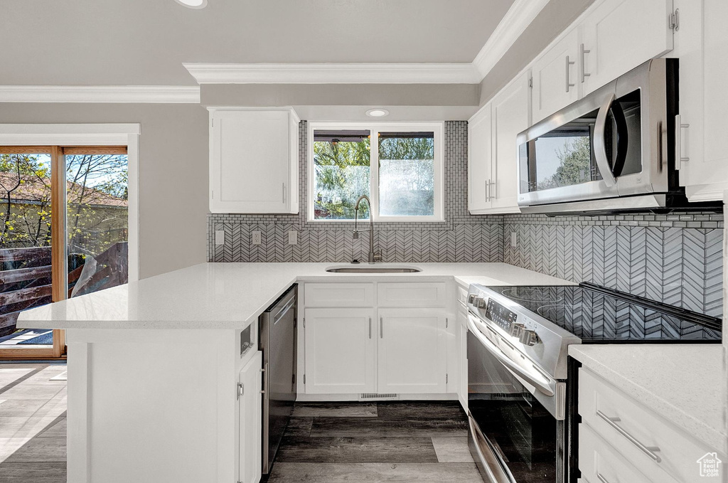 Kitchen featuring dark hardwood / wood-style flooring, backsplash, kitchen peninsula, appliances with stainless steel finishes, and sink