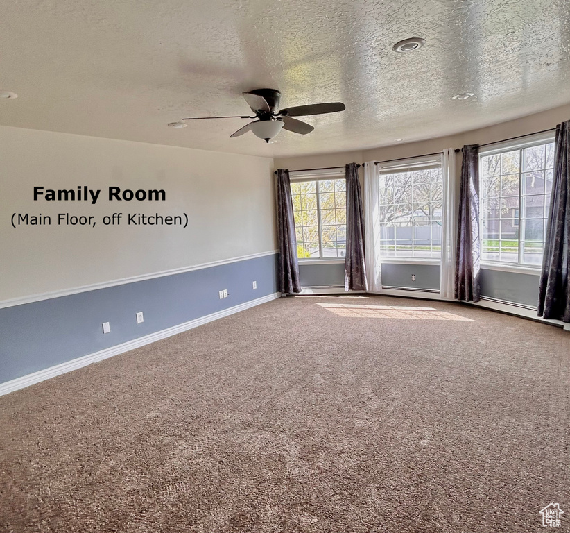 Carpeted empty room with a healthy amount of sunlight, a textured ceiling, and ceiling fan
