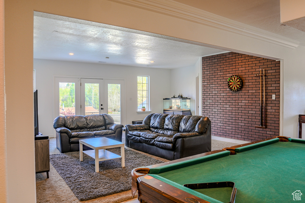 Carpeted living room with french doors, crown molding, billiards, and a textured ceiling