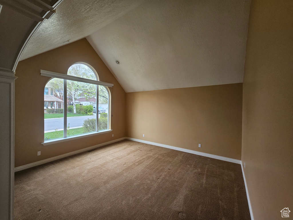 Bonus room with vaulted ceiling, carpet flooring, and a textured ceiling