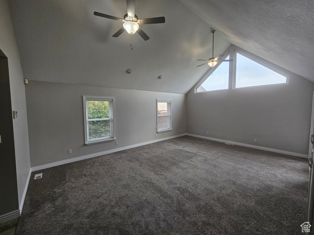 Bonus room featuring lofted ceiling, carpet floors, ceiling fan, and a textured ceiling