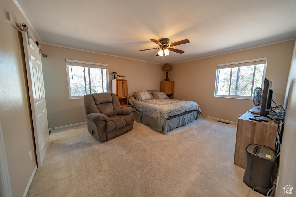 Bedroom featuring multiple windows, crown molding, ceiling fan, and carpet floors