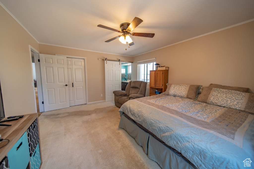 Carpeted bedroom featuring a closet, ceiling fan, crown molding, and a barn door