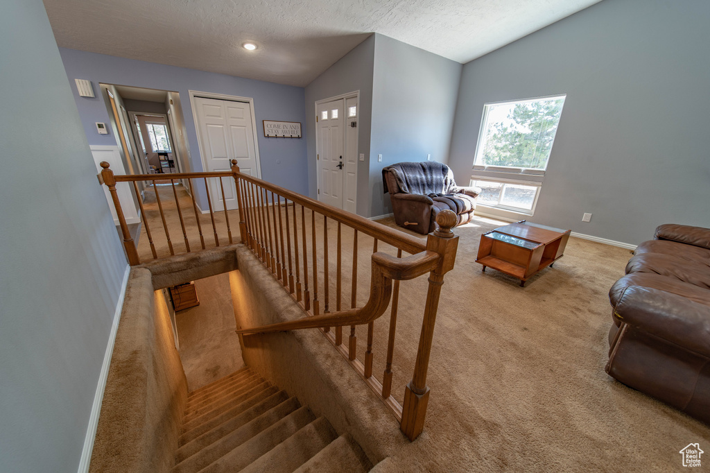 Stairs with lofted ceiling, carpet floors, and a textured ceiling