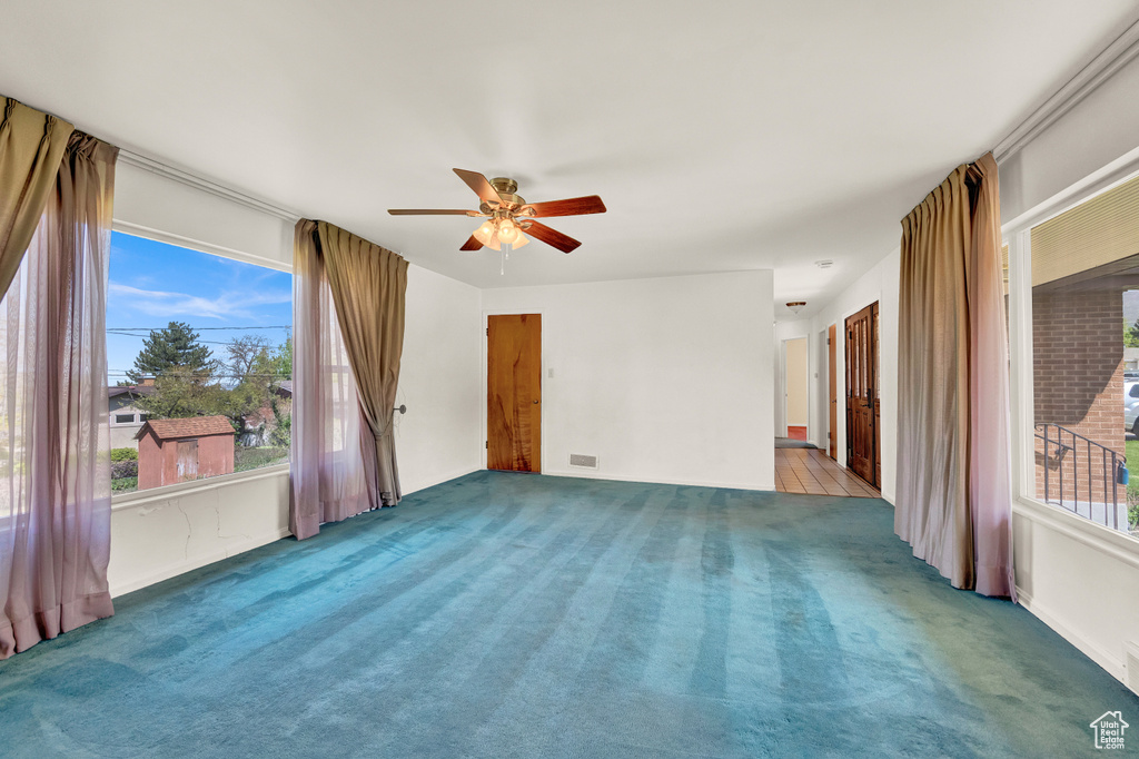 Empty room featuring ceiling fan, carpet, and a wealth of natural light