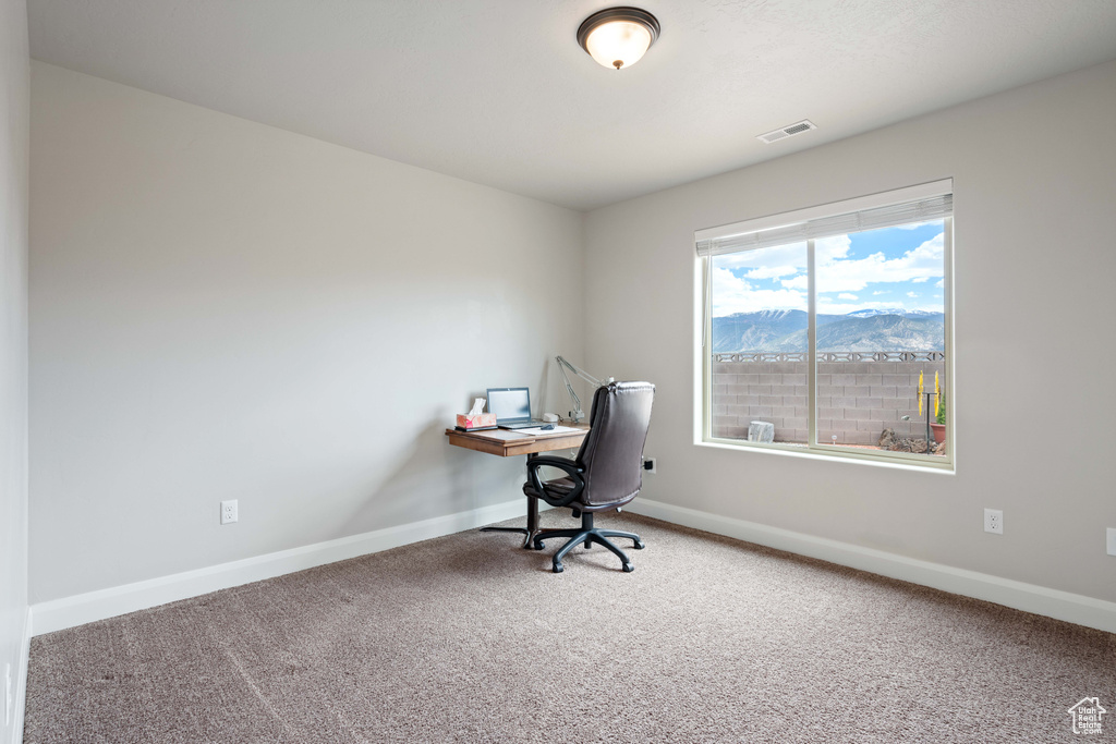 Carpeted office space with a mountain view