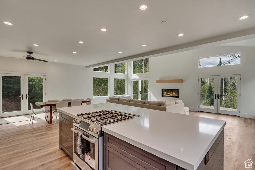 Kitchen with french doors, light hardwood / wood-style flooring, a center island, and stainless steel gas range oven