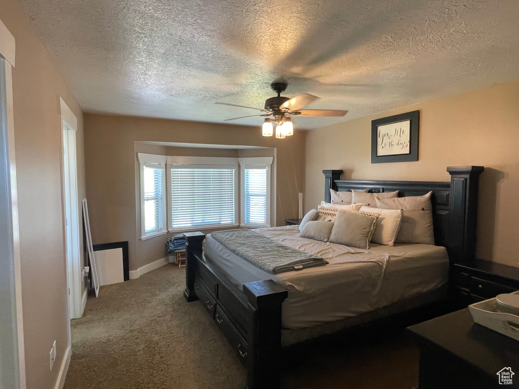 Bedroom featuring ceiling fan, dark carpet, and a textured ceiling
