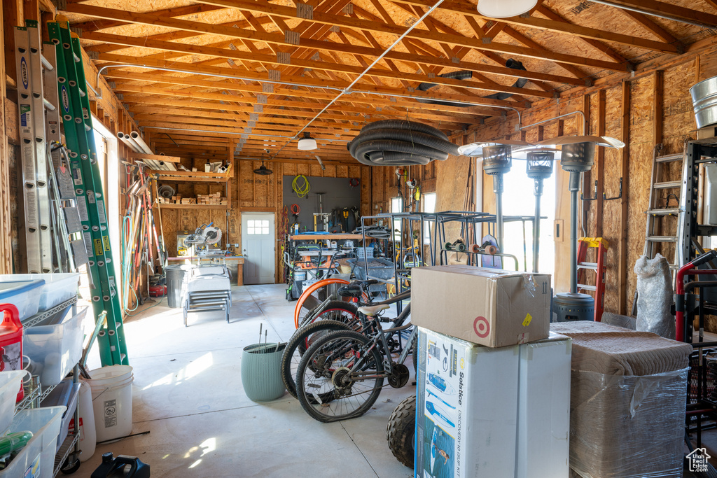 Interior space with concrete floors and a workshop area