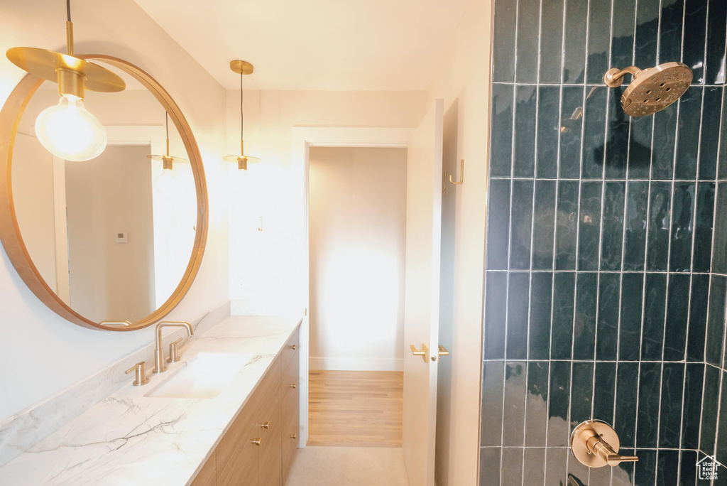 Bathroom with hardwood / wood-style floors and vanity