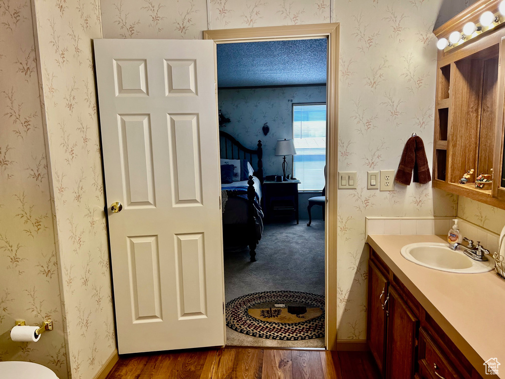 Bathroom featuring a textured ceiling, vanity, and hardwood / wood-style flooring