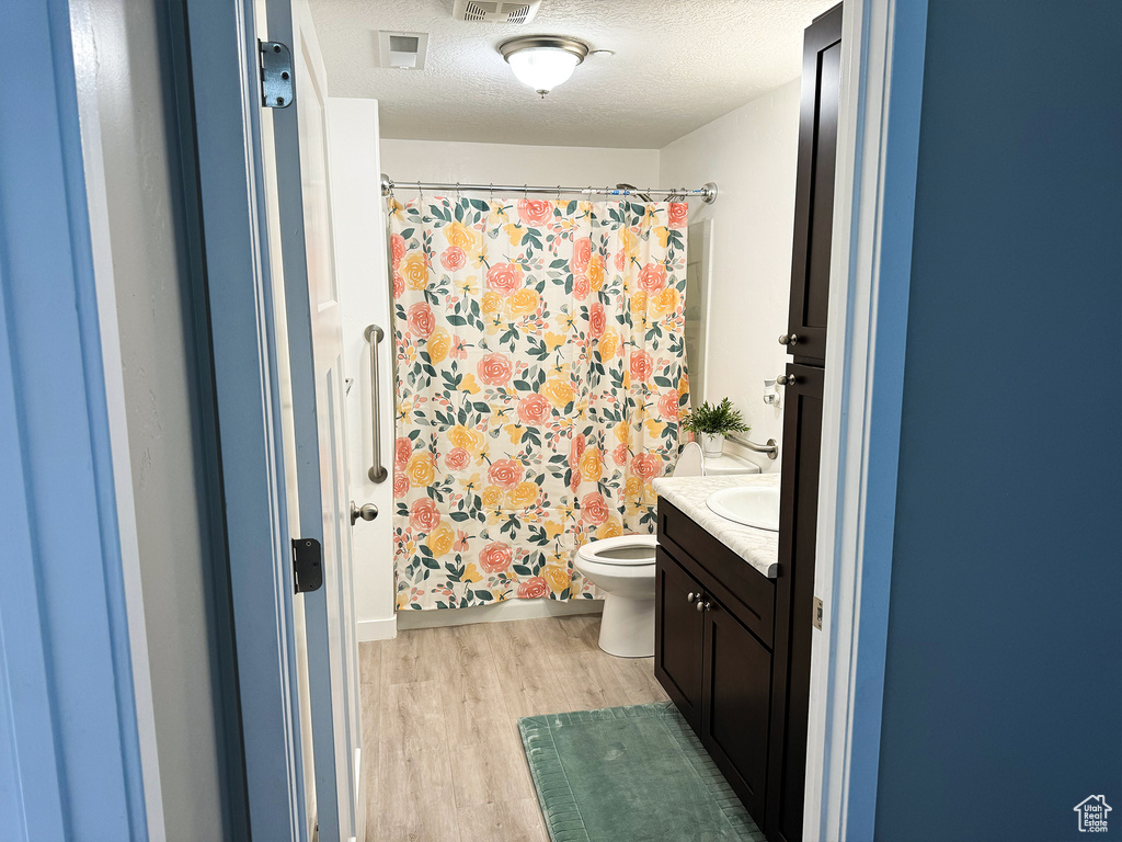 Bathroom featuring vanity, hardwood / wood-style flooring, toilet, and a textured ceiling