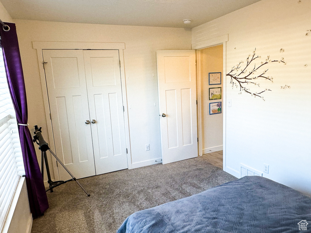 Bedroom with carpet flooring and a closet