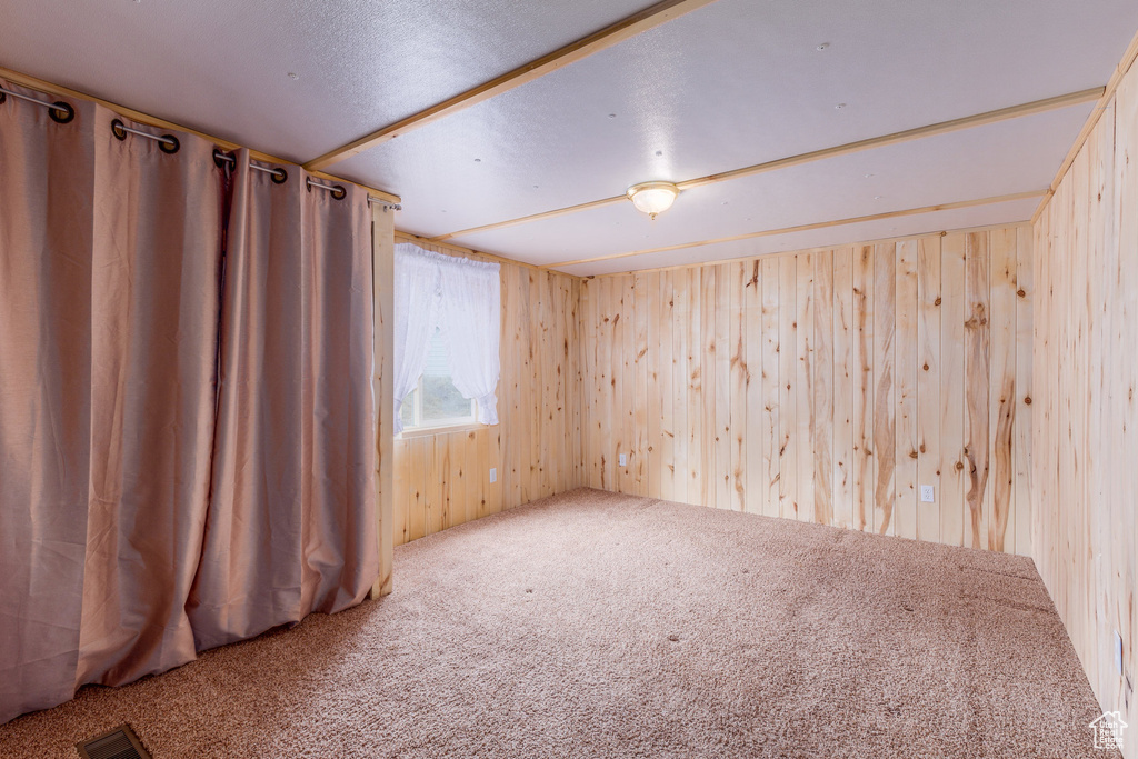 Carpeted empty room featuring wood walls and a textured ceiling