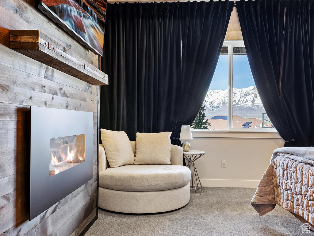 Bedroom featuring a mountain view and carpet