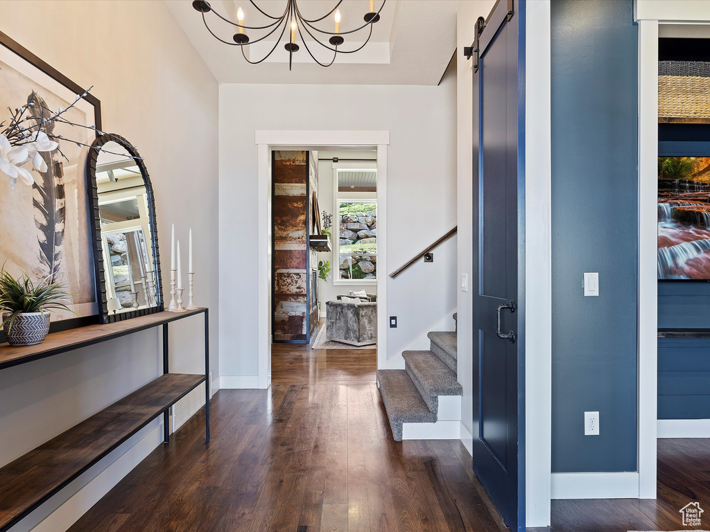 Foyer entrance with a barn door, dark hardwood / wood-style flooring, a raised ceiling, and a notable chandelier