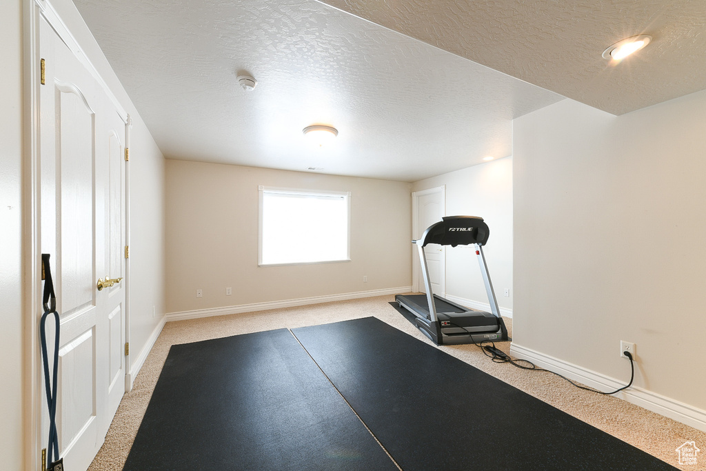 Exercise area featuring light colored carpet and a textured ceiling