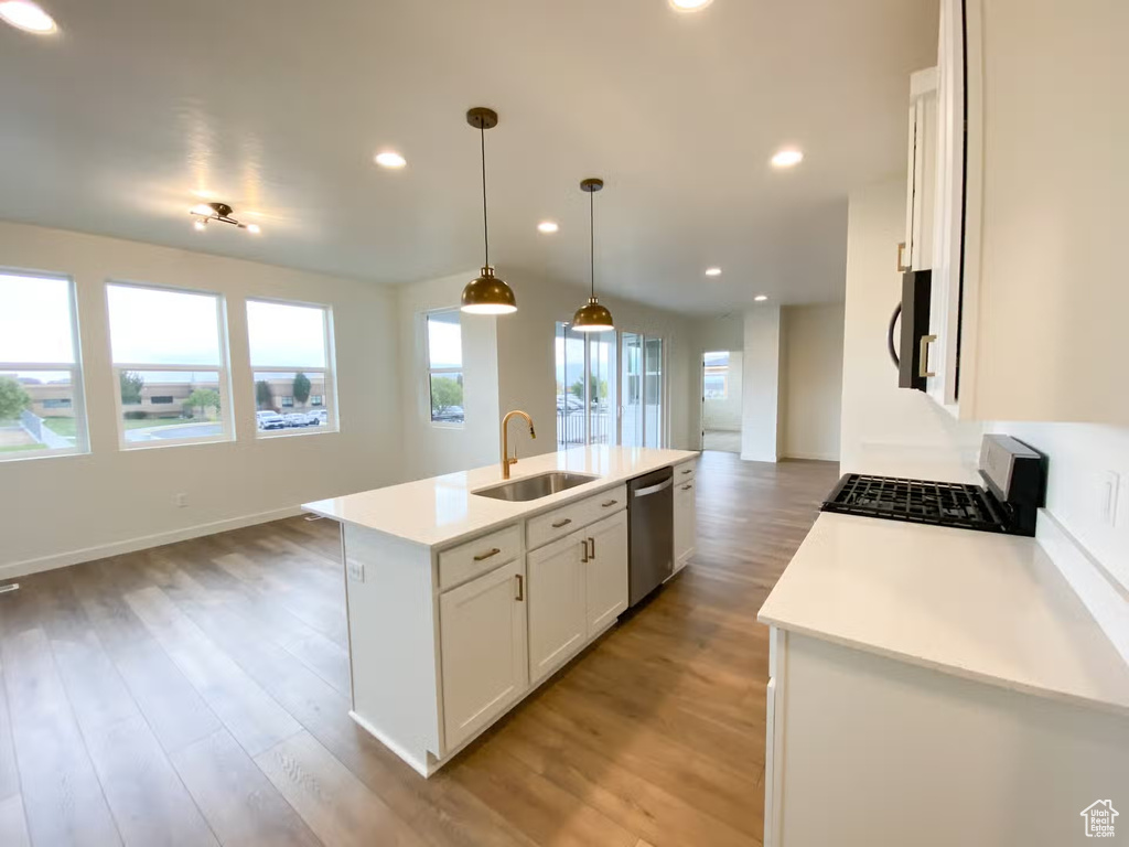 Kitchen featuring stainless steel appliances, wood-type flooring, a kitchen island with sink, white cabinetry, and sink