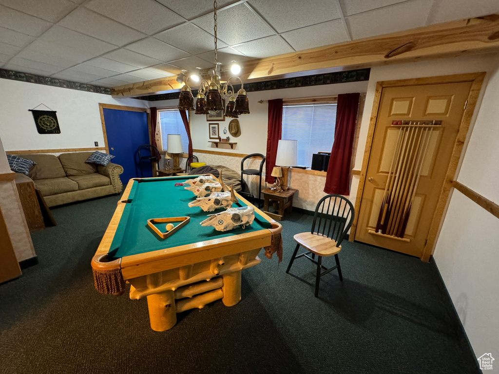 Rec room featuring a paneled ceiling, carpet floors, and billiards