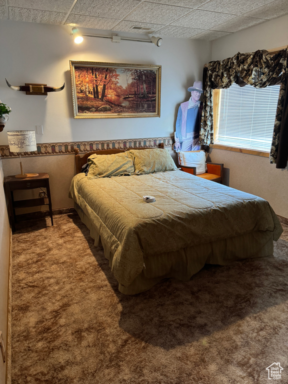 Bedroom featuring a drop ceiling and carpet