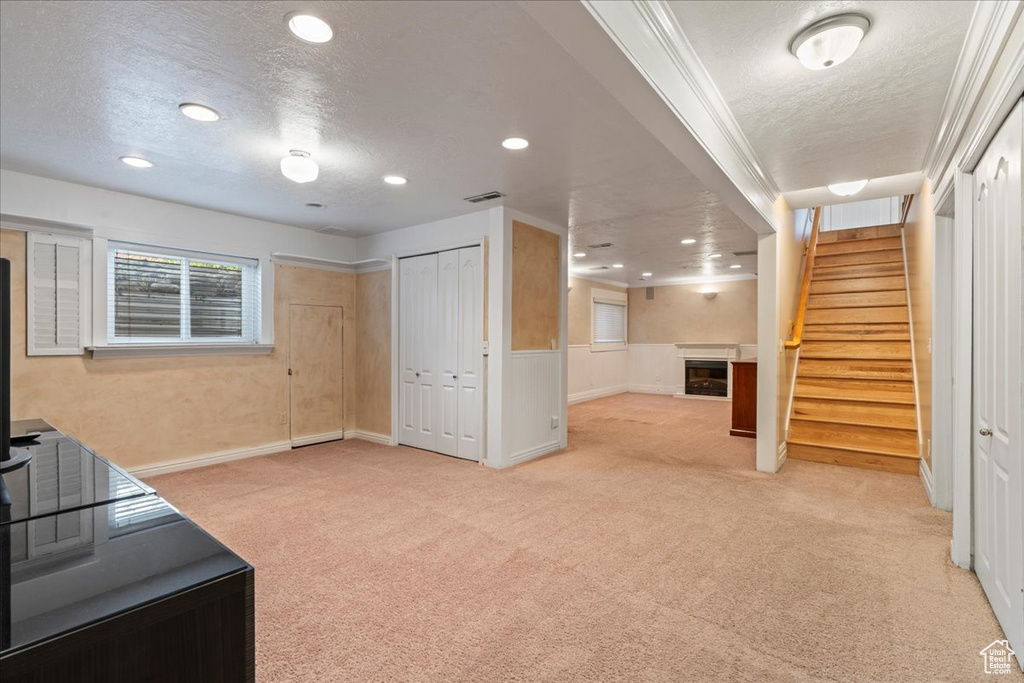 Basement featuring light colored carpet, a textured ceiling, and crown molding