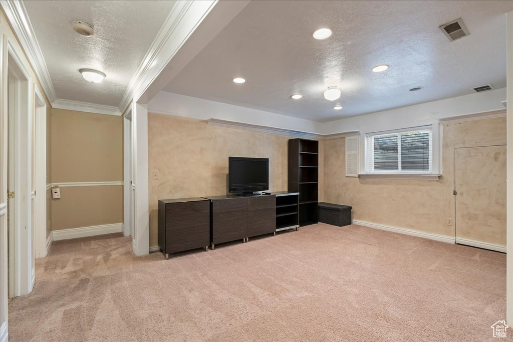 Unfurnished living room with light colored carpet, a textured ceiling, and ornamental molding