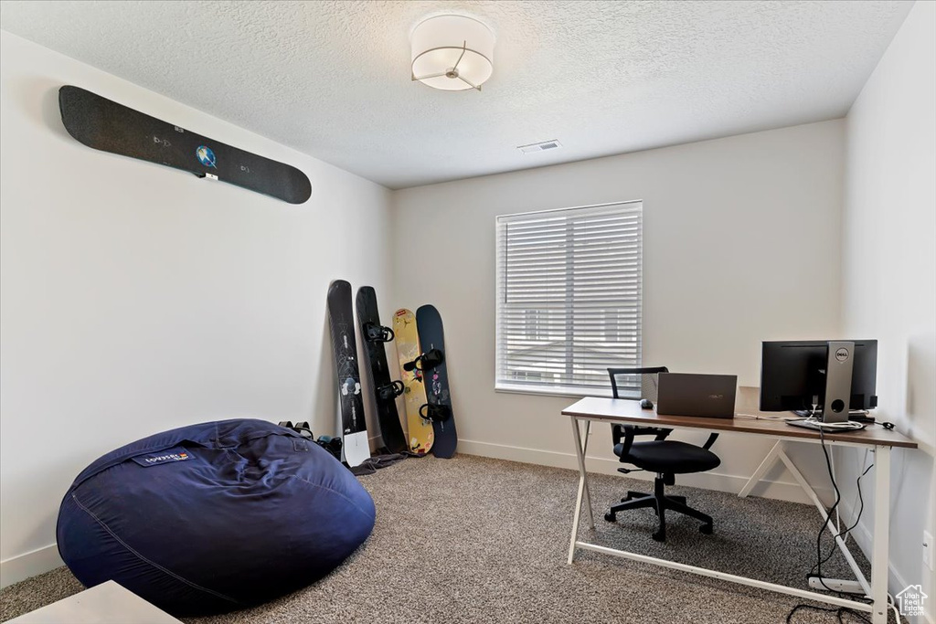 Carpeted office space featuring a textured ceiling