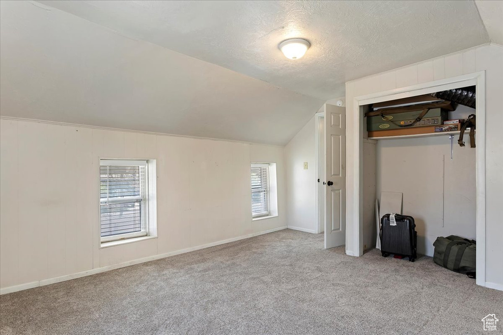 Bonus room featuring carpet floors, a textured ceiling, and lofted ceiling