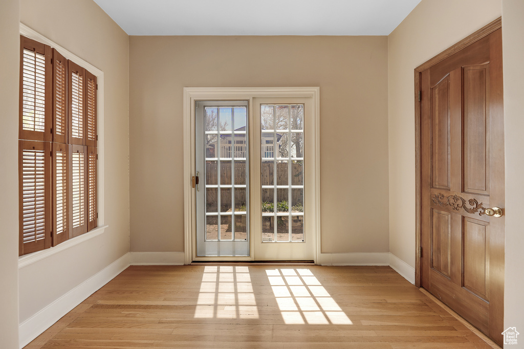Doorway featuring a healthy amount of sunlight and light hardwood / wood-style floors