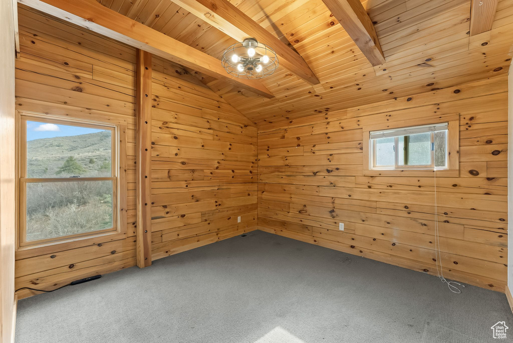 Unfurnished room featuring wood ceiling, wood walls, and carpet