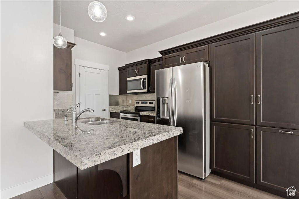 Kitchen with pendant lighting, light hardwood / wood-style flooring, backsplash, appliances with stainless steel finishes, and sink