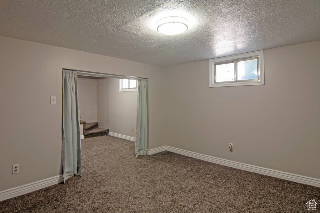 Basement with carpet and a textured ceiling